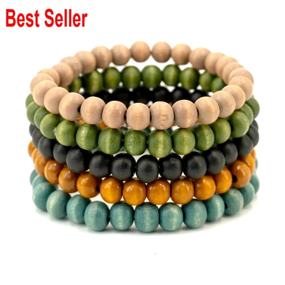 Wooden Bead Bracelets Set Of 5 Elastic Bohemian Wrap Bangle